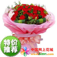 柳城網上花店 商品內容 33朵康乃馨 配花 綠材 精美粉色皺紋紙包裝
